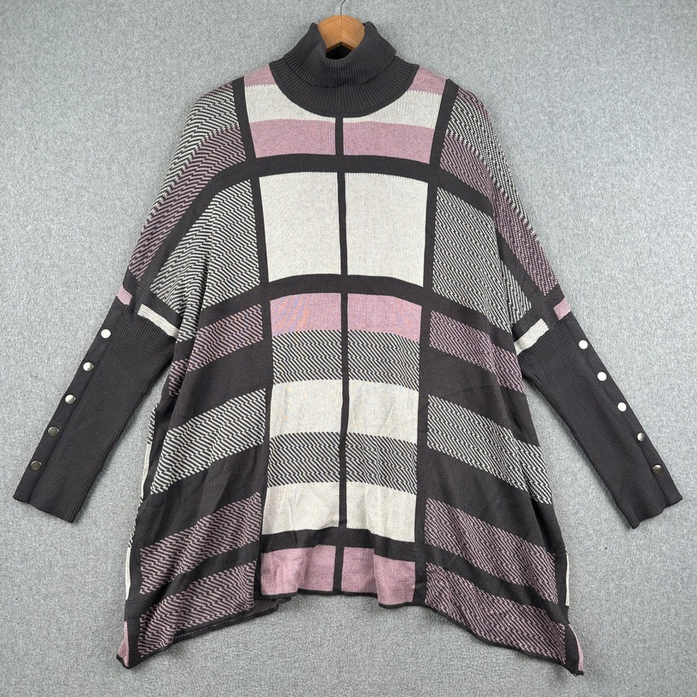 Joseph A. Poncho Sweater Womens XL Turtleneck Purple Plaid Button Detail Rayon